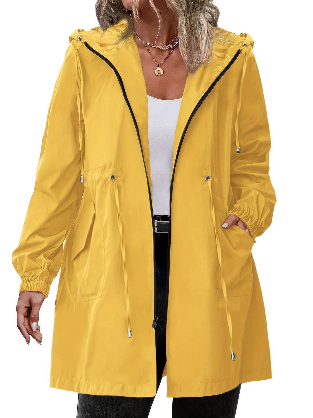 Women's Hooded Rain Jacket with Drawstring Waist - photo 1