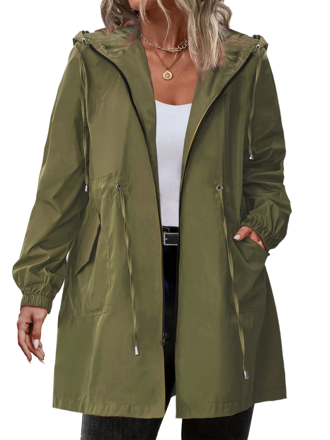 Women's Hooded Rain Jacket with Drawstring Waist - photo 2