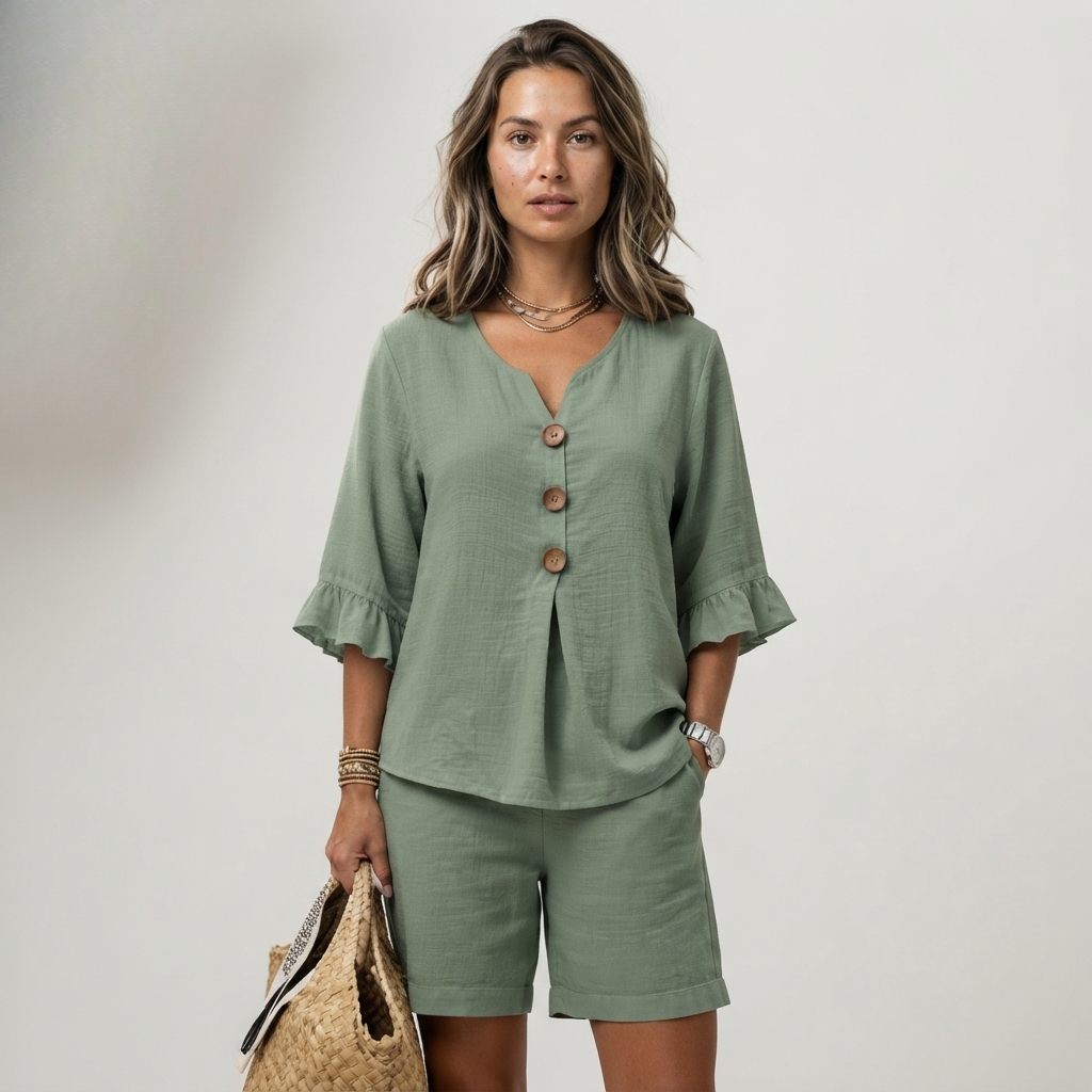 Women's Relaxed Ruffled Two-Piece Set with Button Front - photo 1