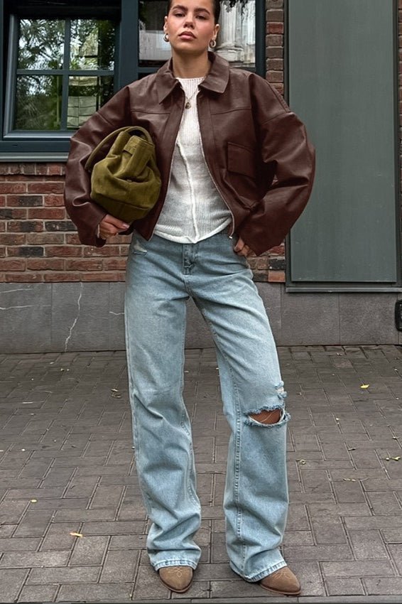 Women's Relaxed Zip-Front Biker Jacket with Collar - photo 1