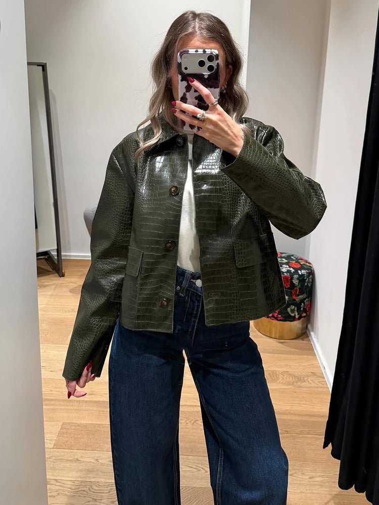 Women's Croc Embossed Biker Jacket with Zip Front - photo 4