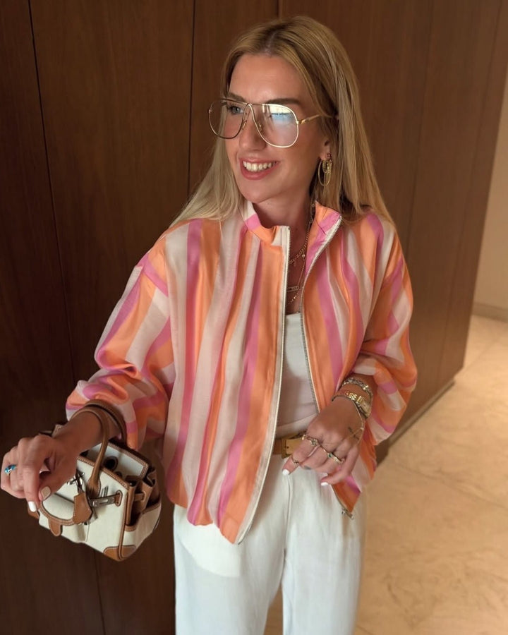 Women's Striped Bomber Jacket with Zip Front - photo 2