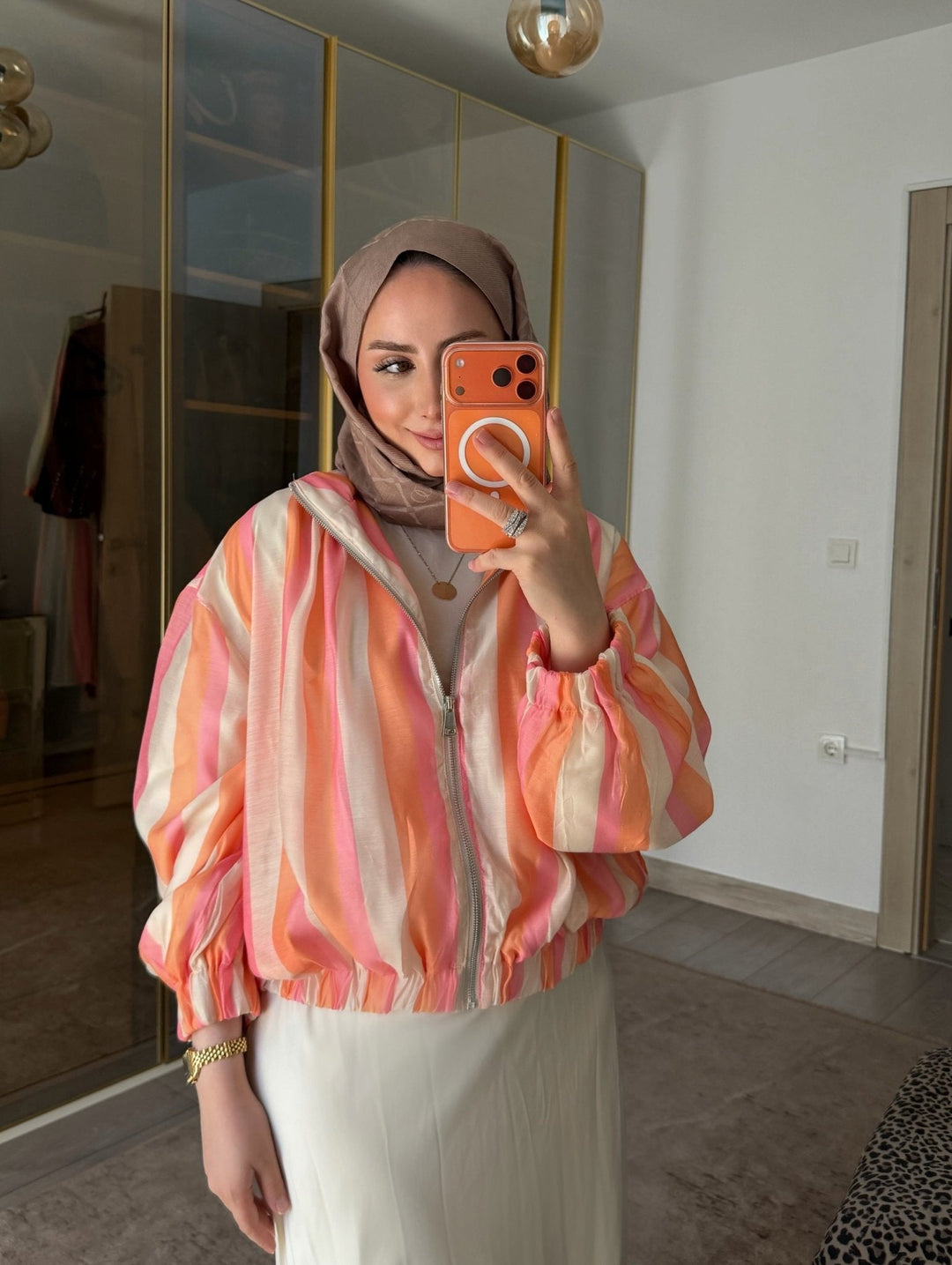 Women's Striped Bomber Jacket with Zip Front - photo 3