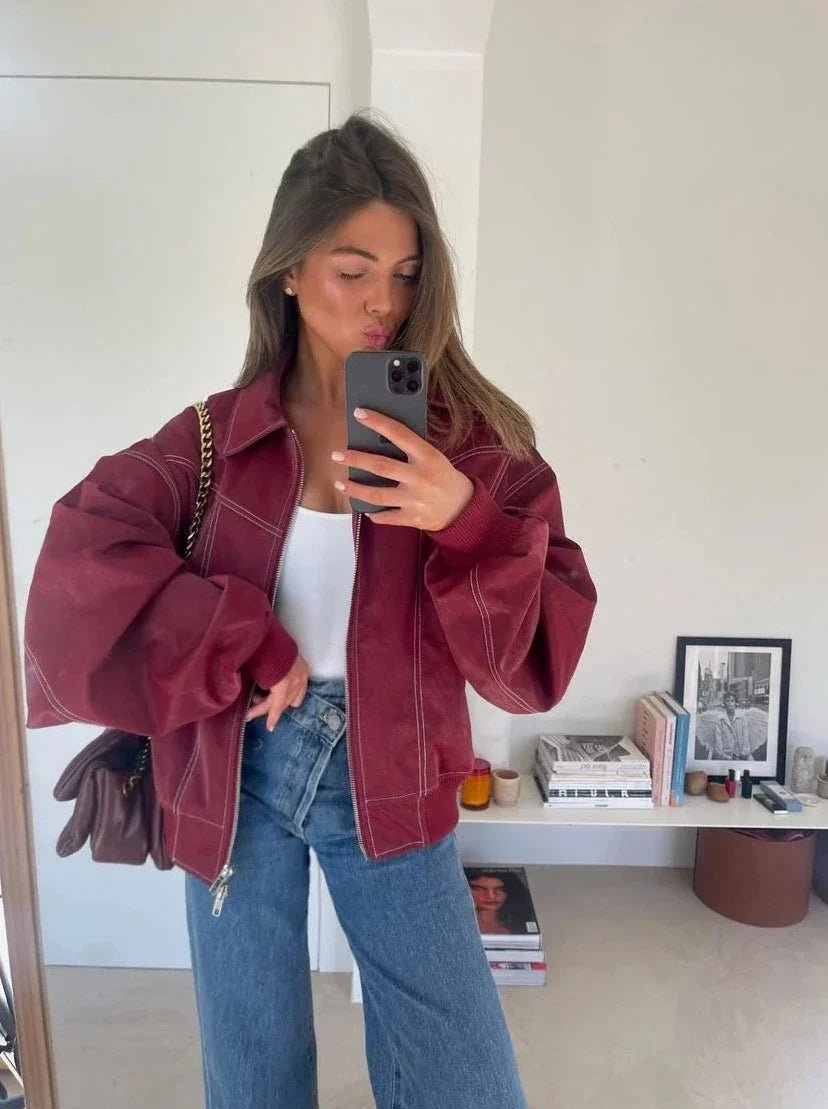 Women's Zip-Front Bomber Jacket with Contrast Stitching - photo 8