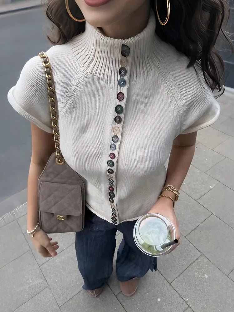 Women's Ribbed Short Sleeve Cardigan with High Neck - photo 1
