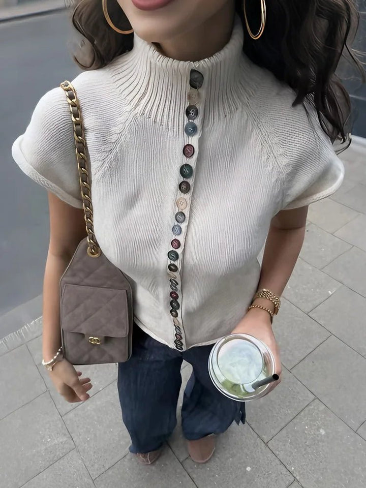 Women's Ribbed Short Sleeve Cardigan with High Neck - photo 1