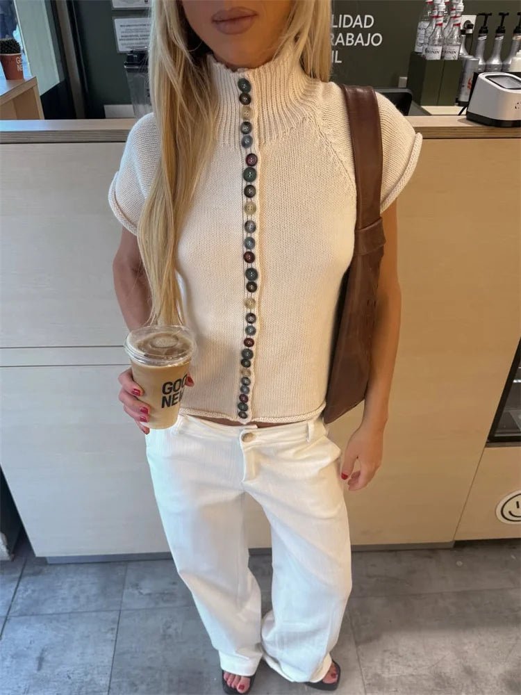 Women's Ribbed Short Sleeve Cardigan with High Neck - photo 4