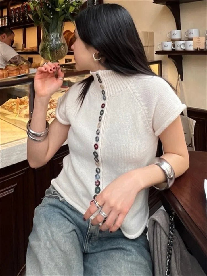 Women's Ribbed Short Sleeve Cardigan with High Neck - photo 5