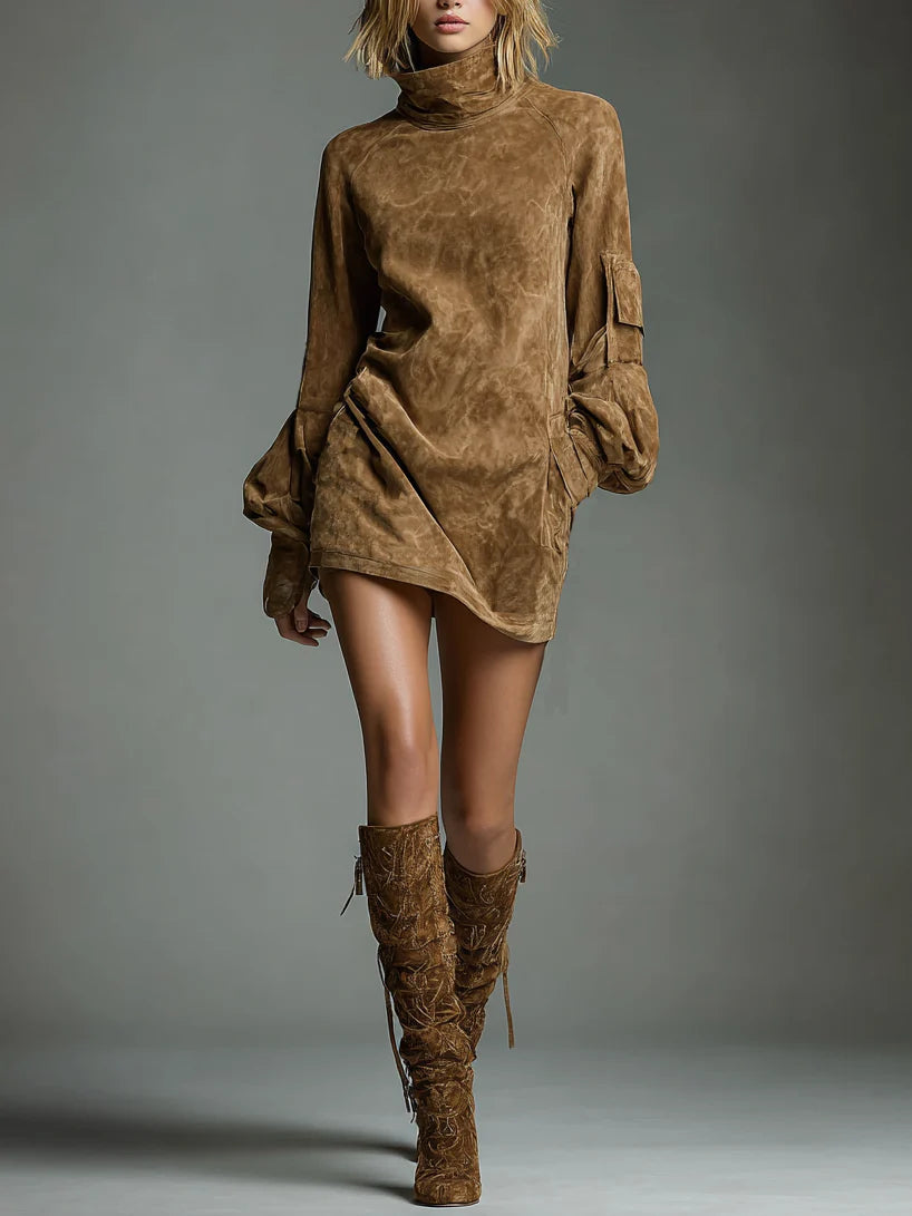 Women's Roll Neck Puff Sleeve Mini Dress - photo 1