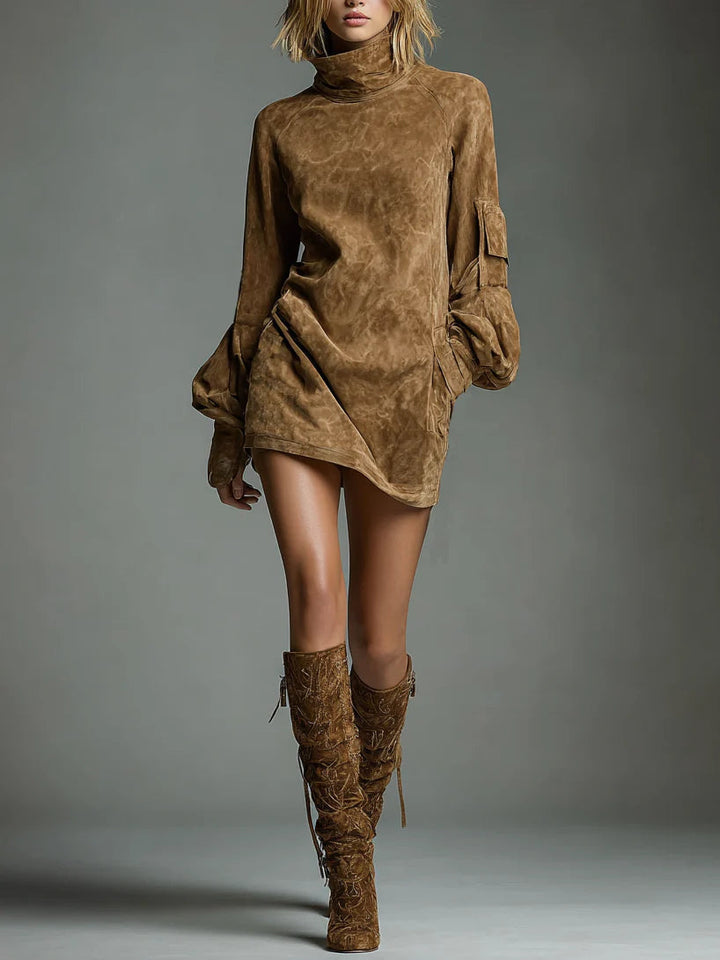 Women's Roll Neck Puff Sleeve Mini Dress - photo 1