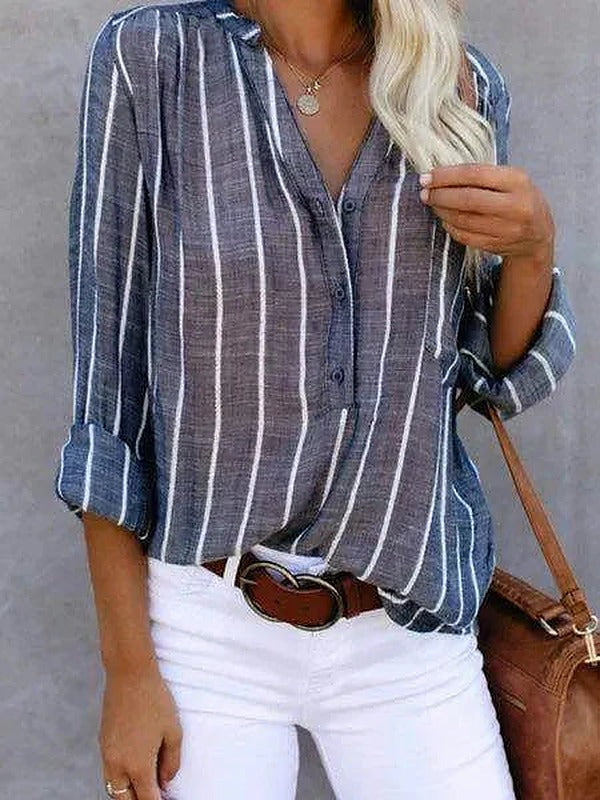 Women's Striped V-Neck Blouse with Roll-Up Sleeves - photo 8