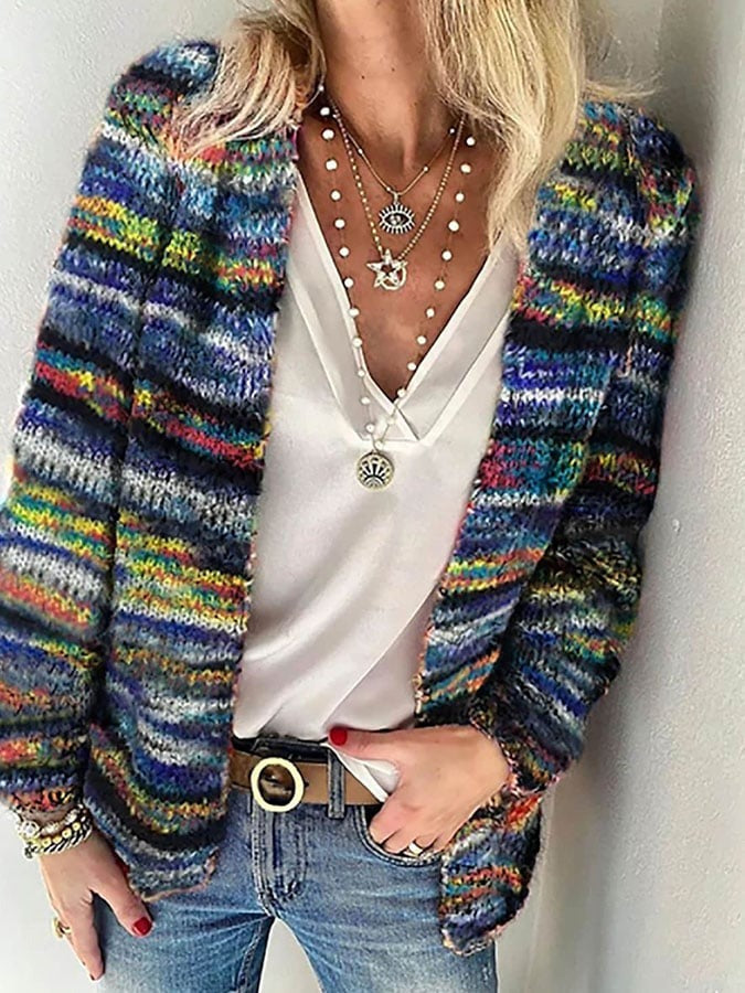 Women's Striped Knitted Cardigan with Stripe - photo 2
