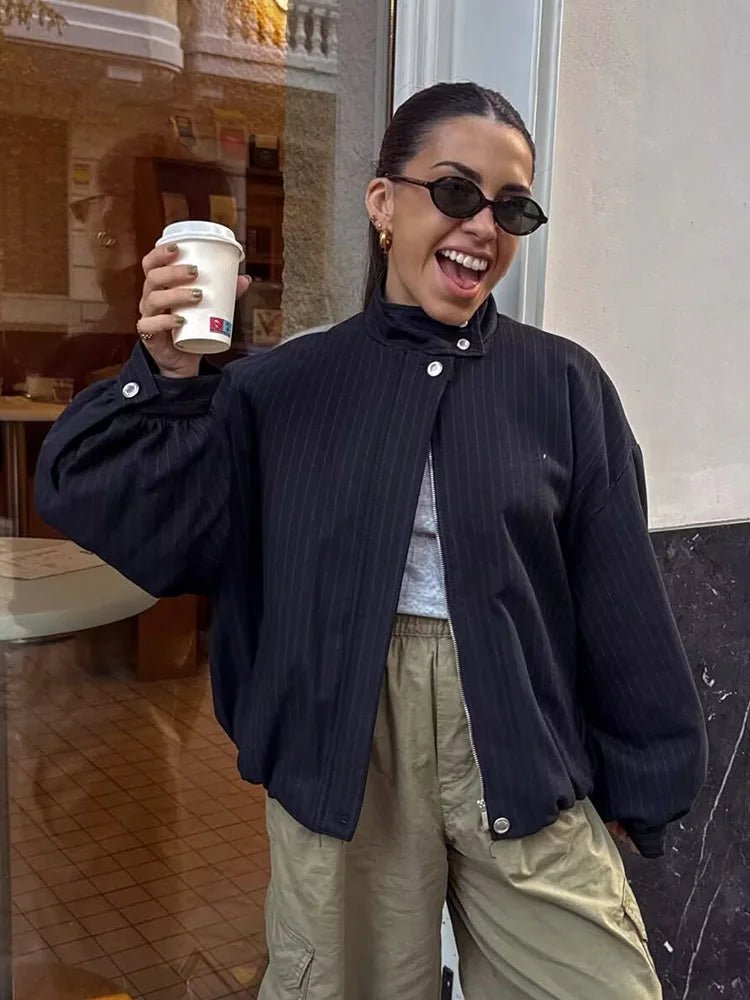 Women's Striped Relaxed Bomber Jacket with Button Front - photo 1