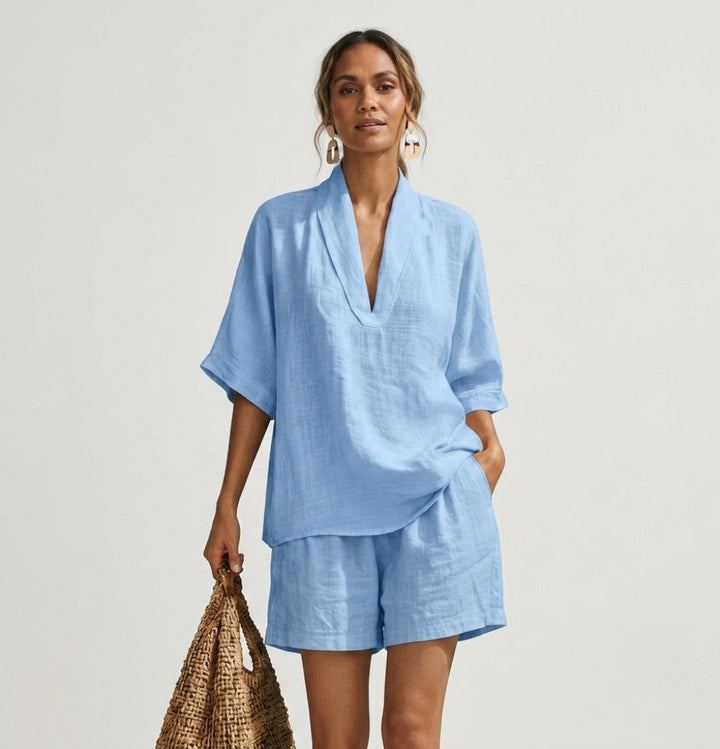 Women's V-Neck Shirt and Shorts Two-Piece Set - photo 1