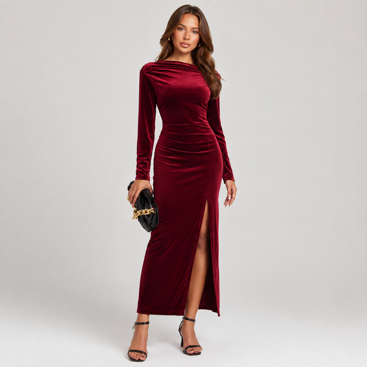 Women's Ruched Maxi Dress with Side Split and Long Sleeves - photo 1