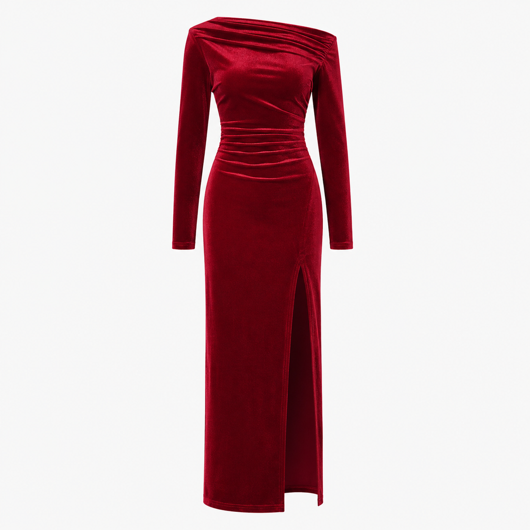 Women's Ruched Maxi Dress with Side Split and Long Sleeves - photo 2