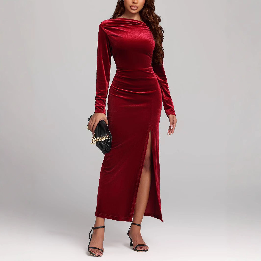 Women's Ruched Maxi Dress with Side Split and Long Sleeves - photo 3