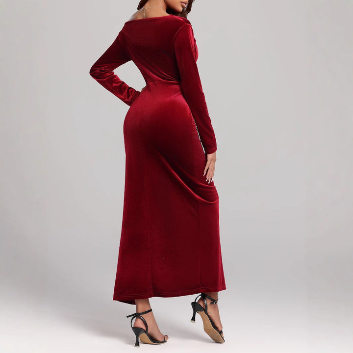 Women's Ruched Maxi Dress with Side Split and Long Sleeves - photo 4