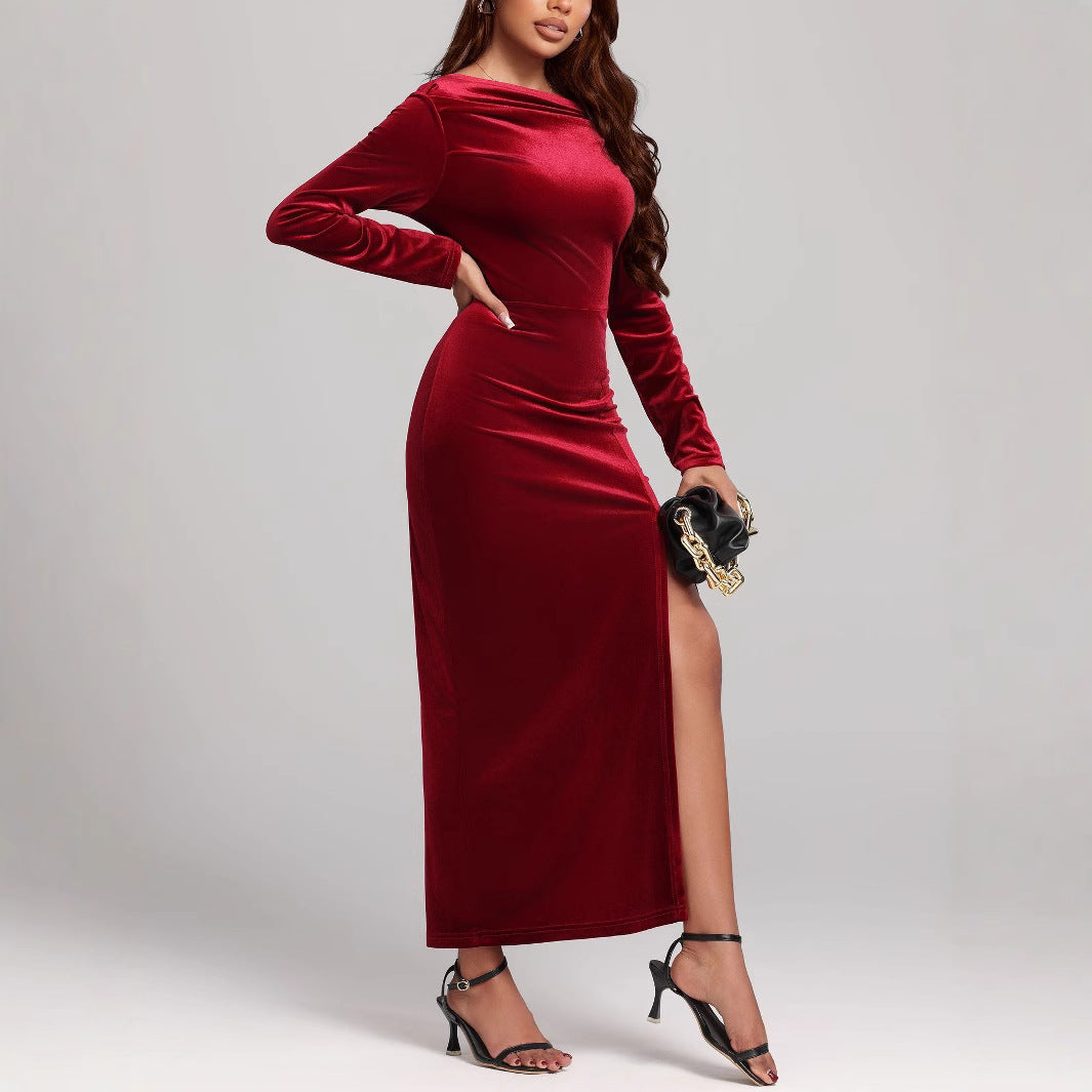 Women's Ruched Maxi Dress with Side Split and Long Sleeves - photo 6