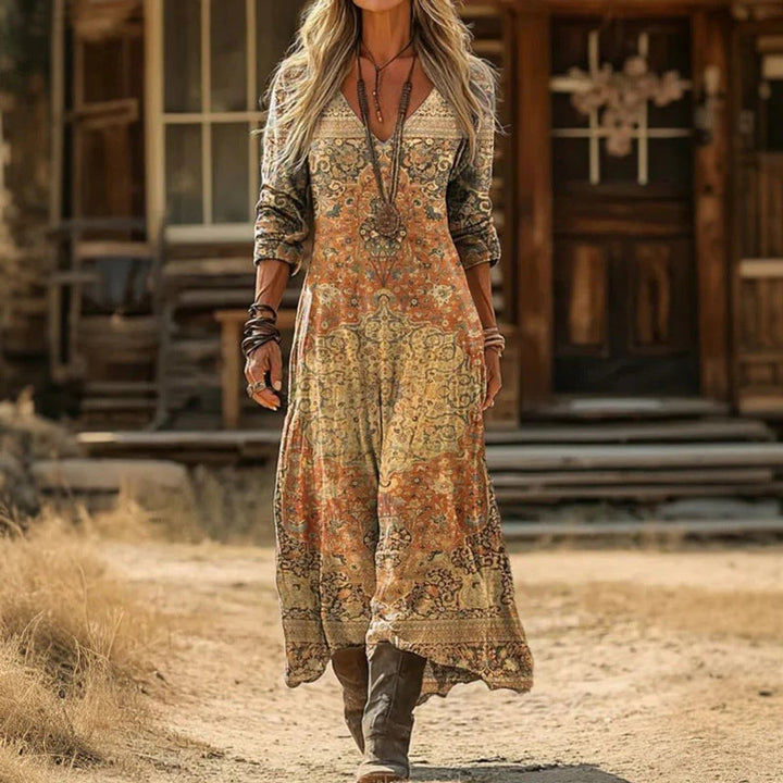 Women's Vintage Print V-Neck Maxi Dress with Long Sleeves - photo 2
