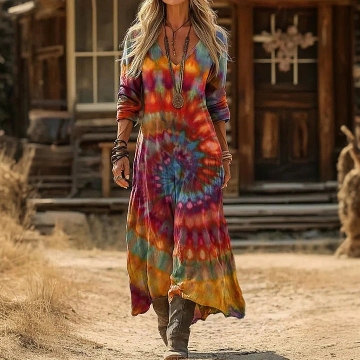 Women's Vintage Print V-Neck Maxi Dress with Long Sleeves - photo 4