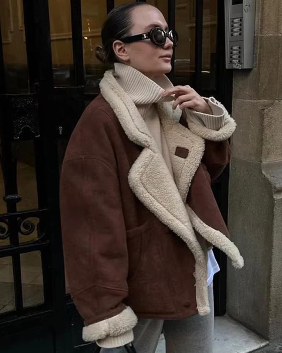 Women's Faux Shearling Aviator Jacket with Zip Front - photo 7