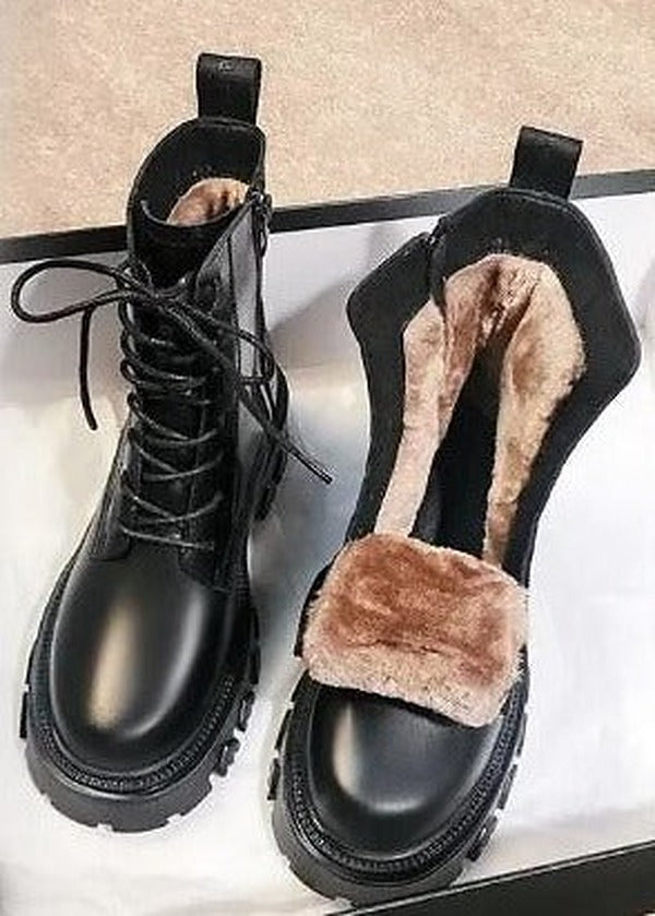 Women's Lace-Up Boots with Faux Fur Lining and Treaded Sole - photo 1
