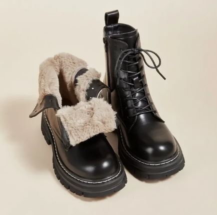 Women's Lace-Up Combat Boots with Faux Fur Cuff - photo 1