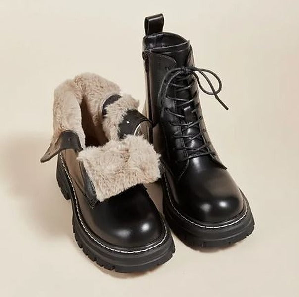 Women's Lace-Up Combat Boots with Faux Fur Cuff - photo 1