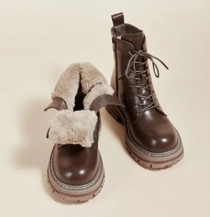 Women's Lace-Up Combat Boots with Faux Fur Cuff - photo 2