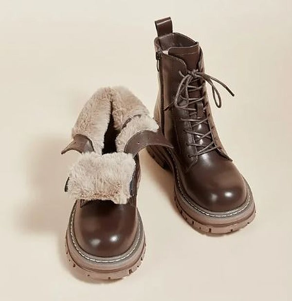 Women's Lace-Up Combat Boots with Faux Fur Cuff - photo 2