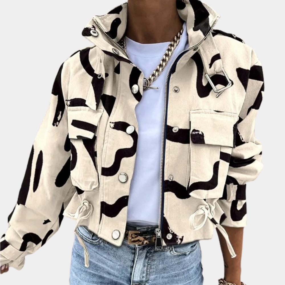 Women's Abstract Print Cropped Jacket with Flap Pockets - photo 1