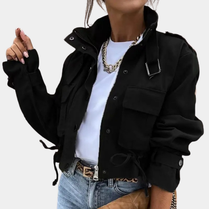 Women's Abstract Print Cropped Jacket with Flap Pockets - photo 2