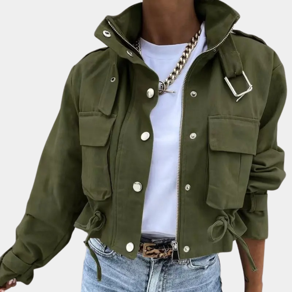 Women's Abstract Print Cropped Jacket with Flap Pockets - photo 3