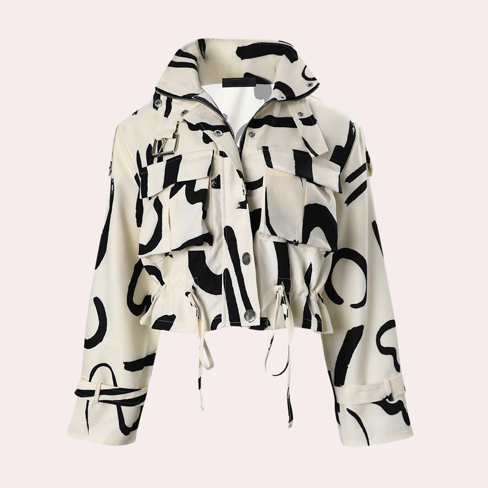 Women's Abstract Print Cropped Jacket with Flap Pockets - photo 4