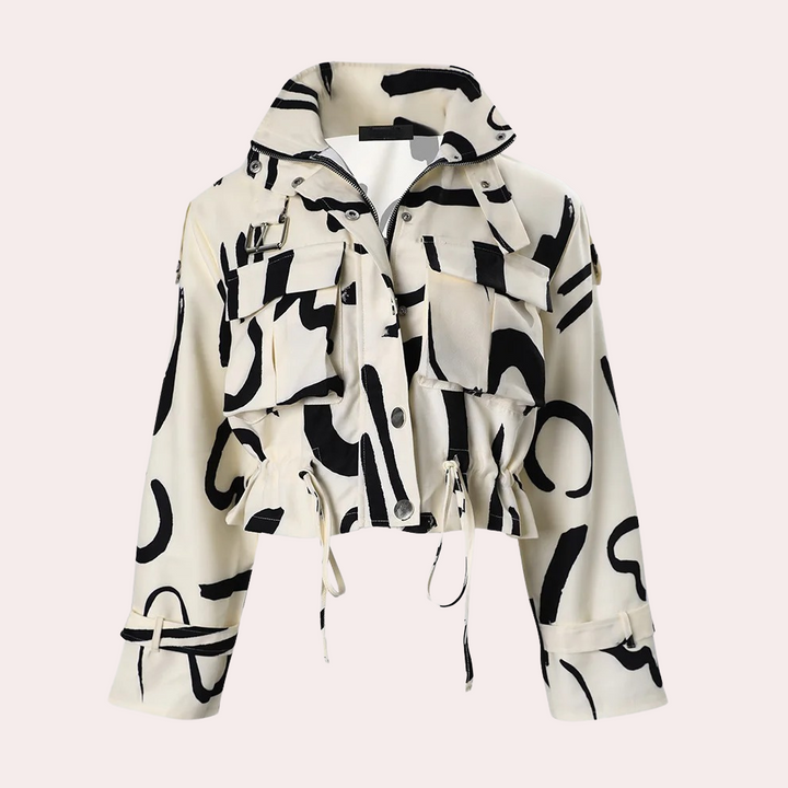 Women's Abstract Print Cropped Jacket with Flap Pockets - photo 4