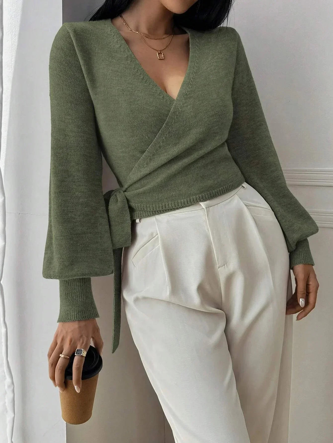 Women's Wrap Sweater with Adjustable Tie Belt - photo 10