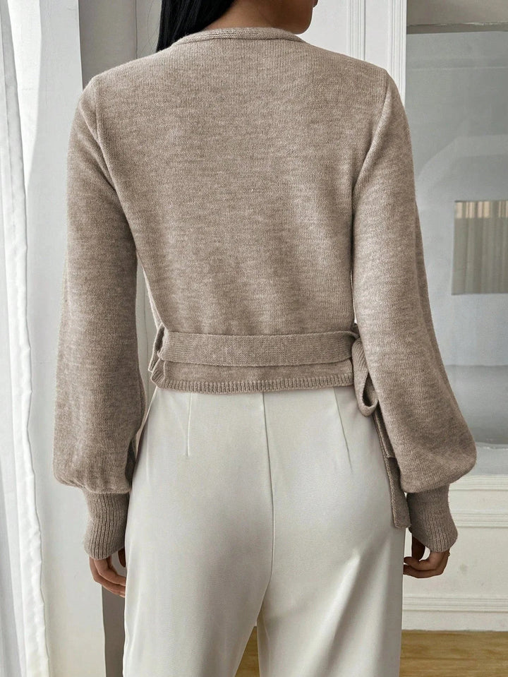 Women's Wrap Sweater with Adjustable Tie Belt - photo 2