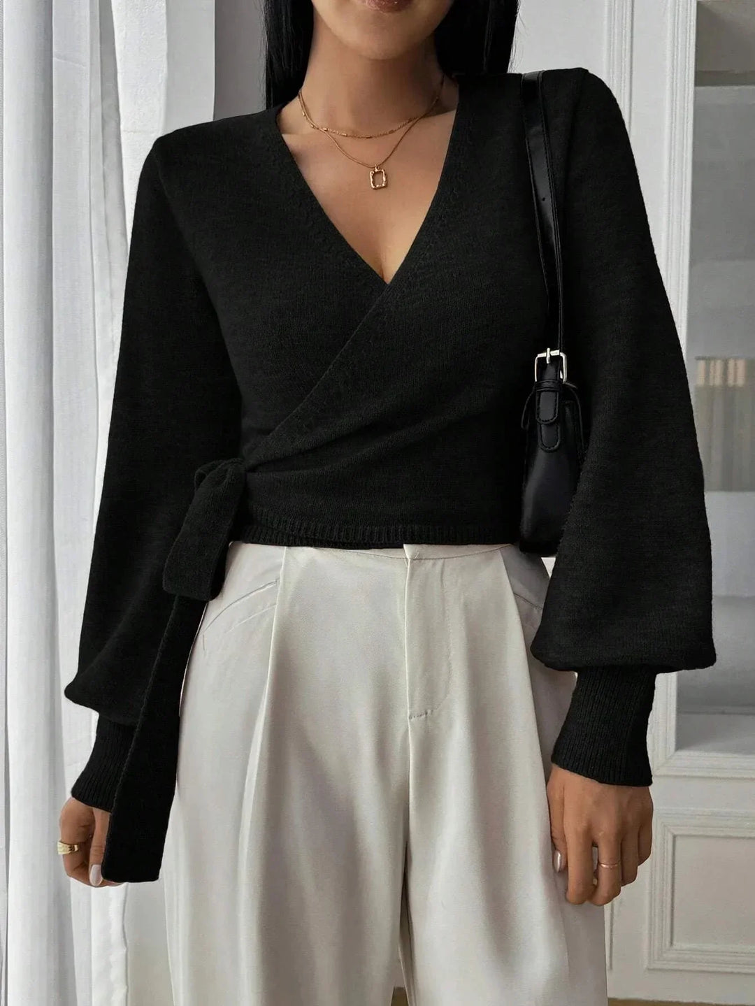 Women's Wrap Sweater with Adjustable Tie Belt - photo 5