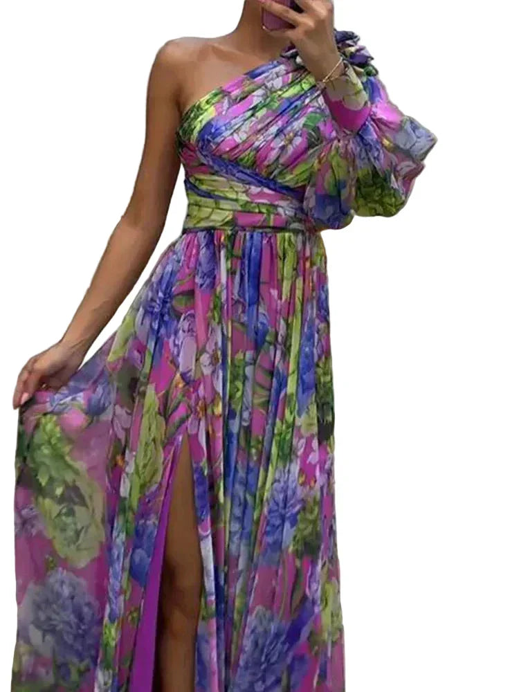Women's Asymmetric Printed Maxi Dress with a One-Shoulder Neckline