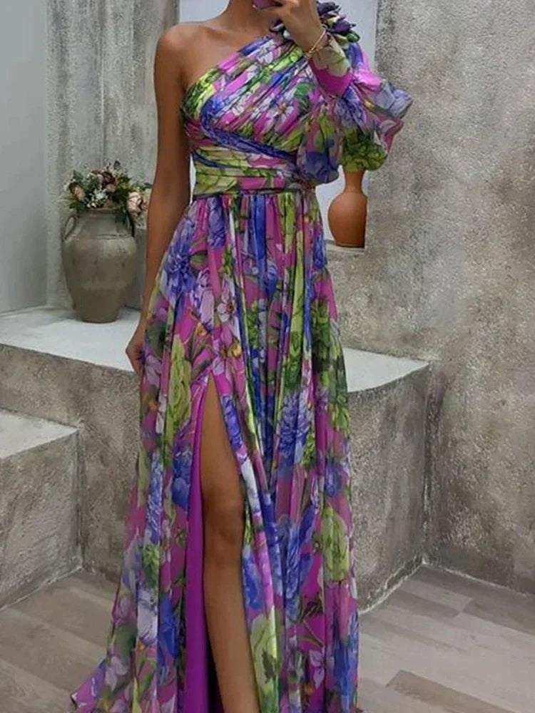 Women's Asymmetric Printed Maxi Dress with a One-Shoulder Neckline