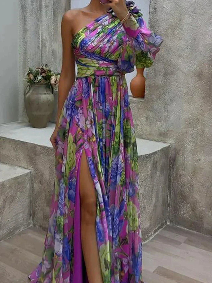 Women's Asymmetric Printed Maxi Dress with a One-Shoulder Neckline