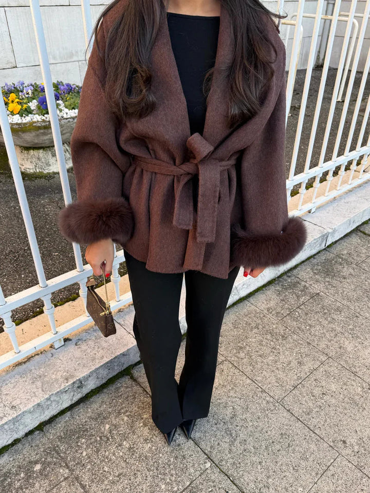 Women's Belted Coat with Faux Fur Cuffs - photo 4