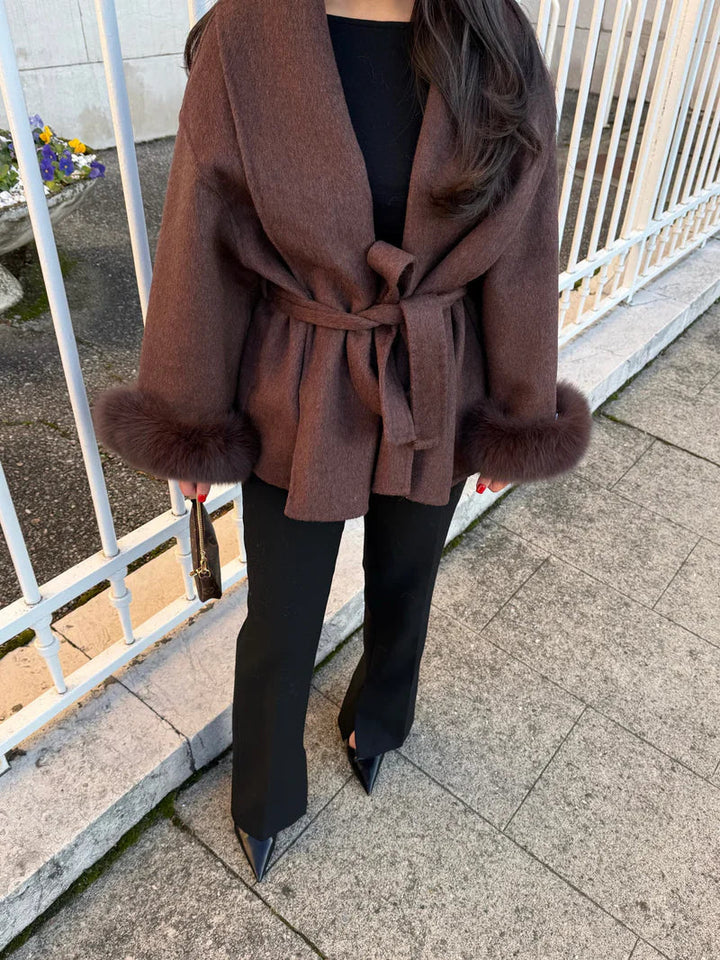 Women's Belted Coat with Faux Fur Cuffs - photo 6