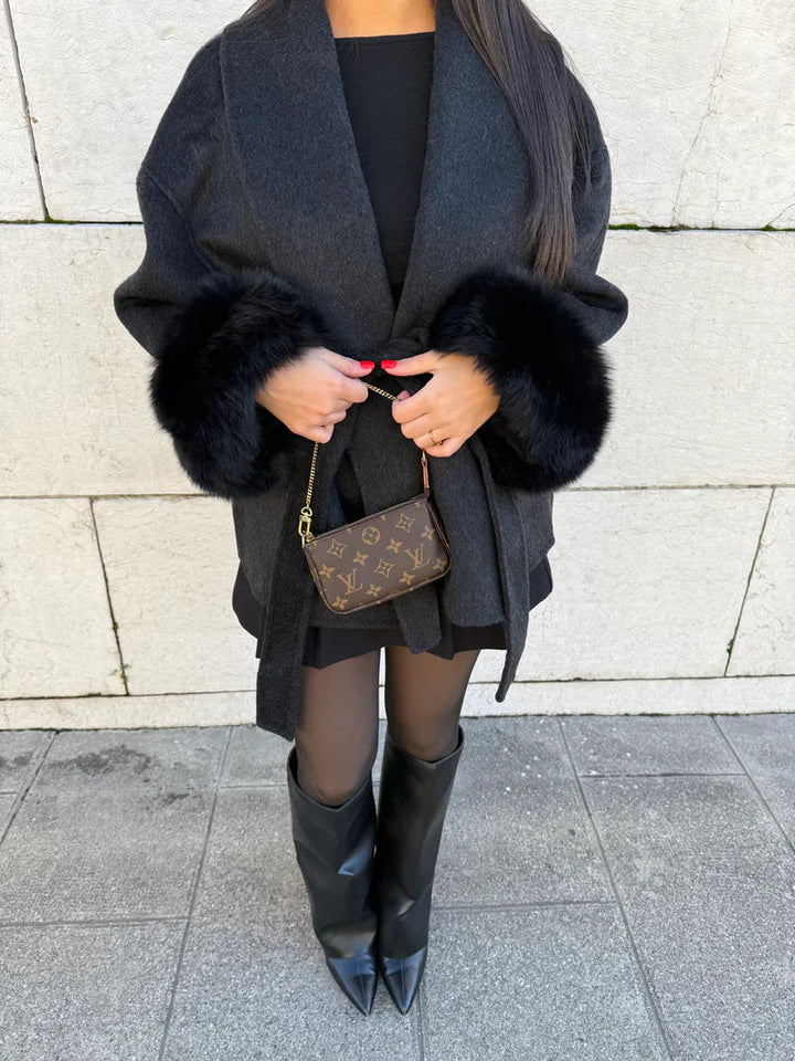 Women's Belted Coat with Faux Fur Cuffs - photo 9