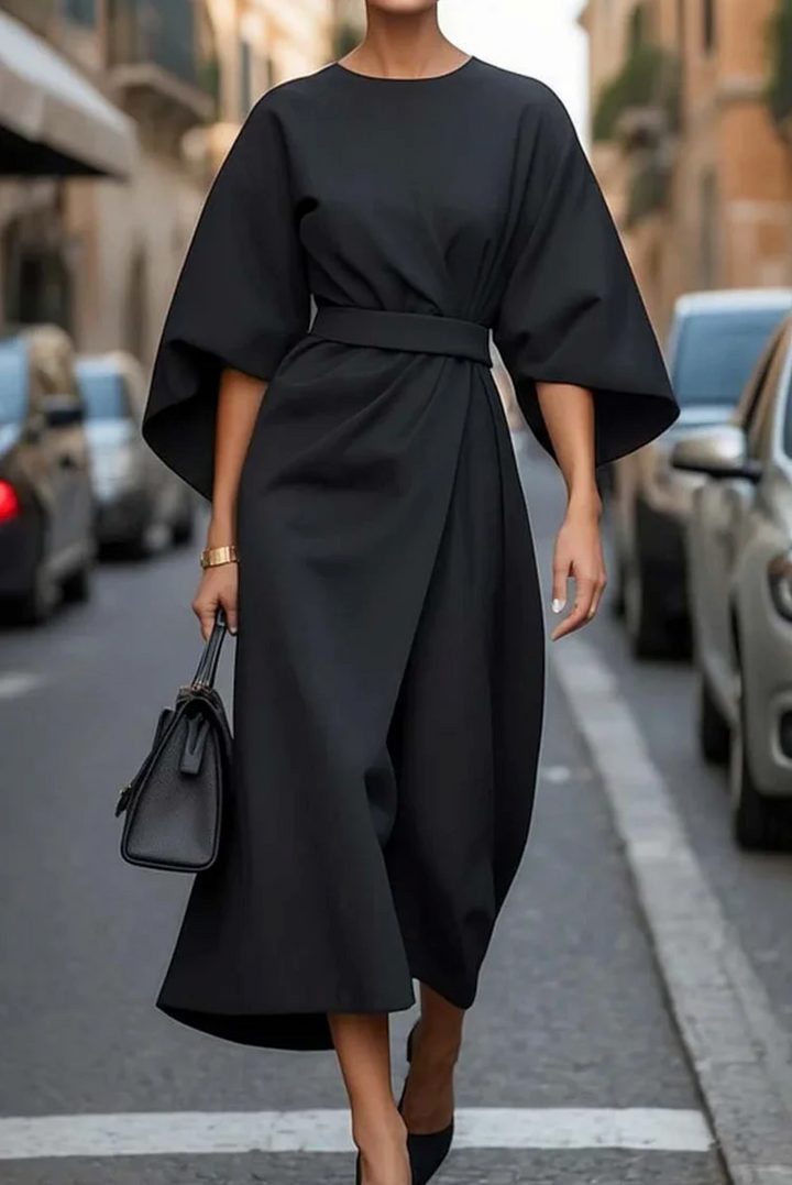 Belted Midi Dress with Lantern Sleeves for Women
