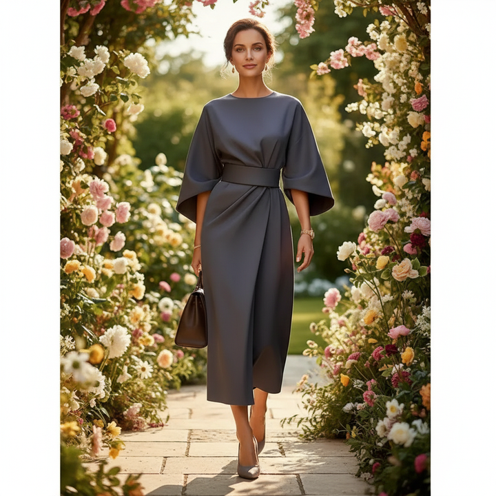 Belted Midi Dress with Lantern Sleeves for Women