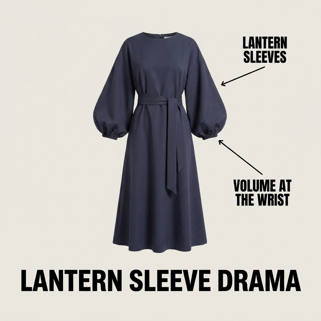 Belted Midi Dress with Lantern Sleeves for Women