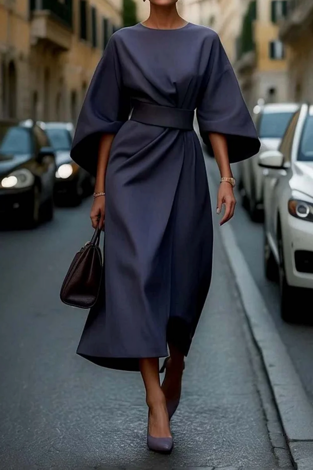 Belted Midi Dress with Lantern Sleeves for Women