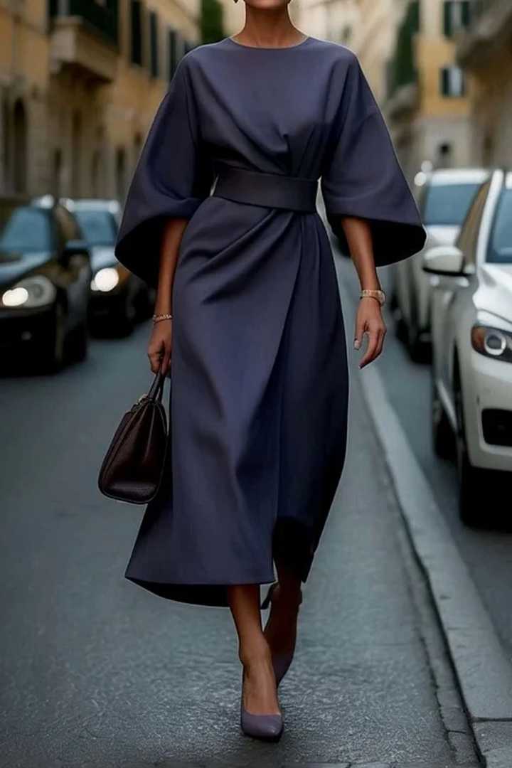 Belted Midi Dress with Lantern Sleeves for Women